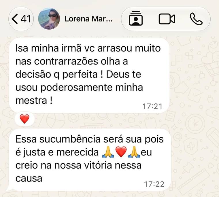 Depoimento de mentorada elogiando a decisão obtida nas contrarrazões